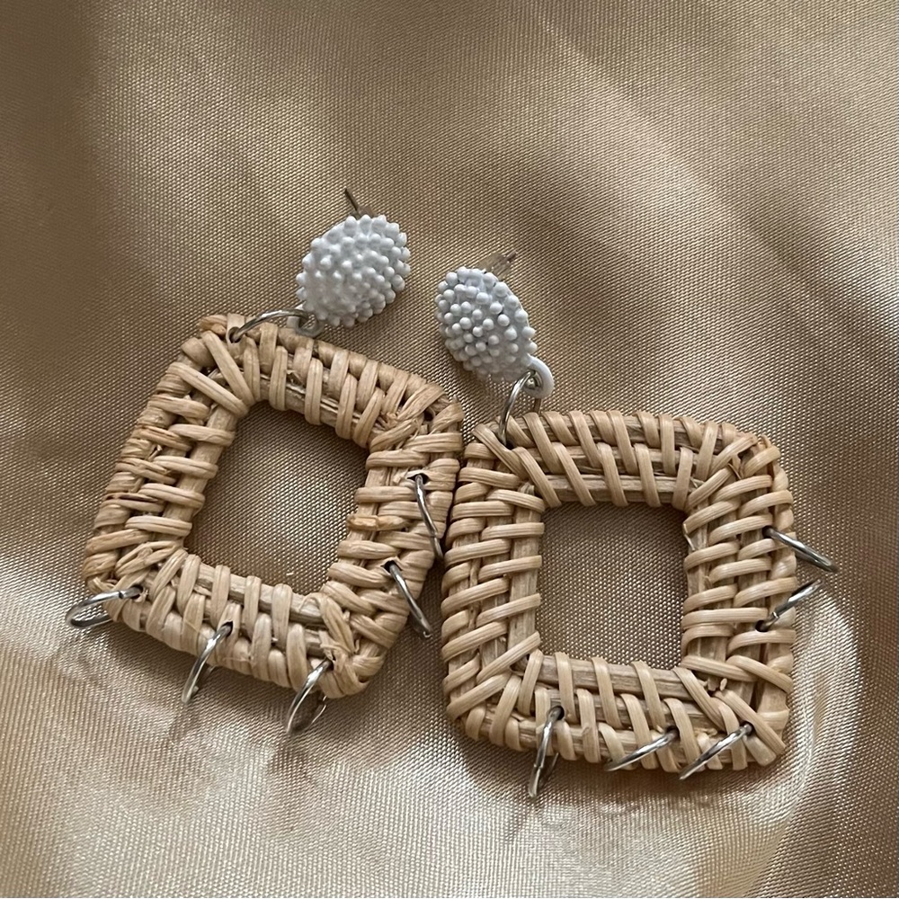 Natural Rattan Square Drop Earrings with White Beaded Posts